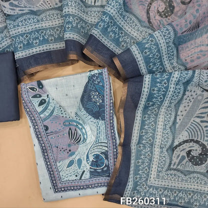 Powder blue semi linen unstitched salwar material, bead and sequins work on yoke, V Neckline (Lining Needed) dark blueish grey spun cotton bottom, fancy kota digital printed dupatta with tissue borders. FB260311
