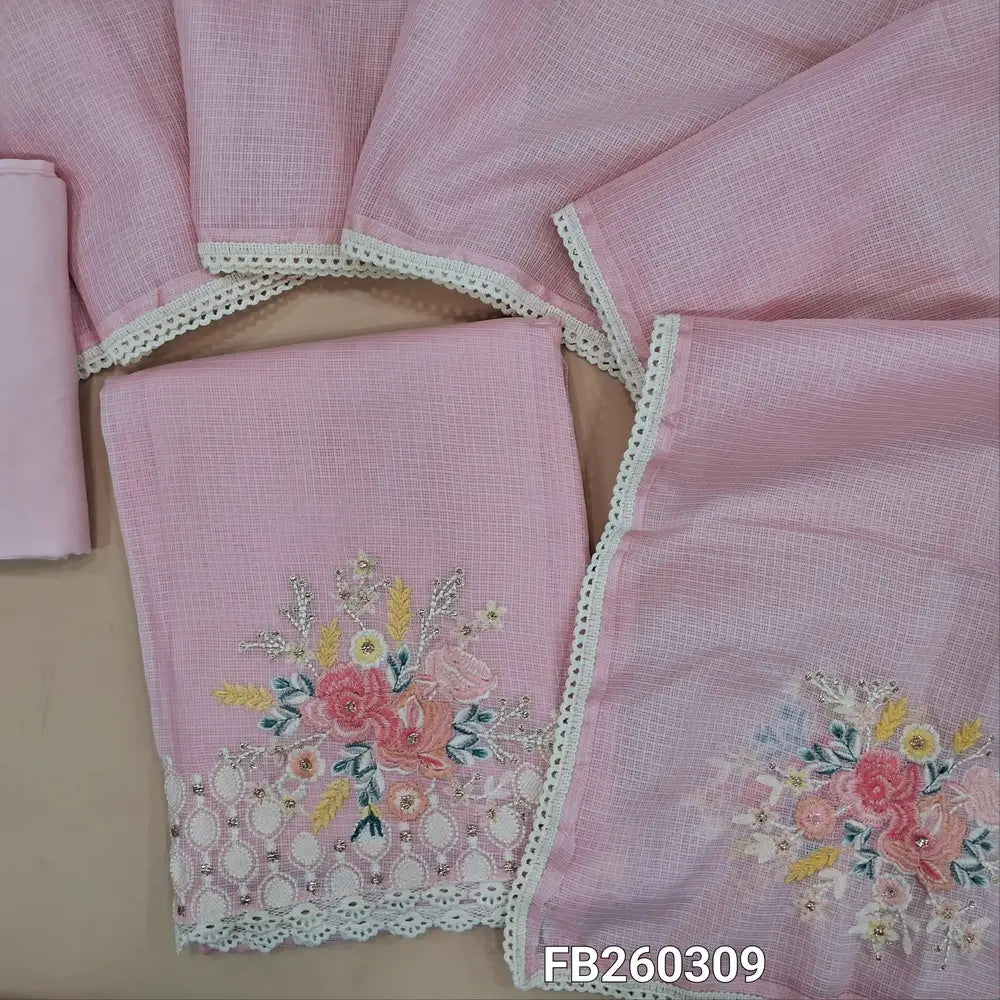 Pastel pink kota silk cotton unstitched salwar material, embroidery detailing on yoke and daman with lace tapings (Thin, Lining Needed) matching spun cotton bottom, embroidered kota silk cotton dupatta. FB250309