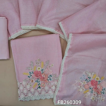 Pastel pink kota silk cotton unstitched salwar material, embroidery detailing on yoke and daman with lace tapings (Thin, Lining Needed) matching spun cotton bottom, embroidered kota silk cotton dupatta. FB250309