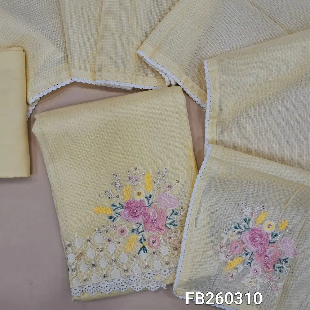 Pastel yellow kota silk cotton unstitched salwar material, embroidery detailing on yoke and daman with lace tapings (Thin, Lining Needed) matching spun cotton bottom, embroidered kota silk cotton dupatta. FB250310