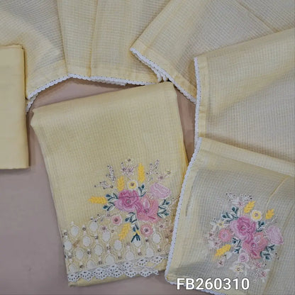 Pastel yellow kota silk cotton unstitched salwar material, embroidery detailing on yoke and daman with lace tapings (Thin, Lining Needed) matching spun cotton bottom, embroidered kota silk cotton dupatta. FB250310