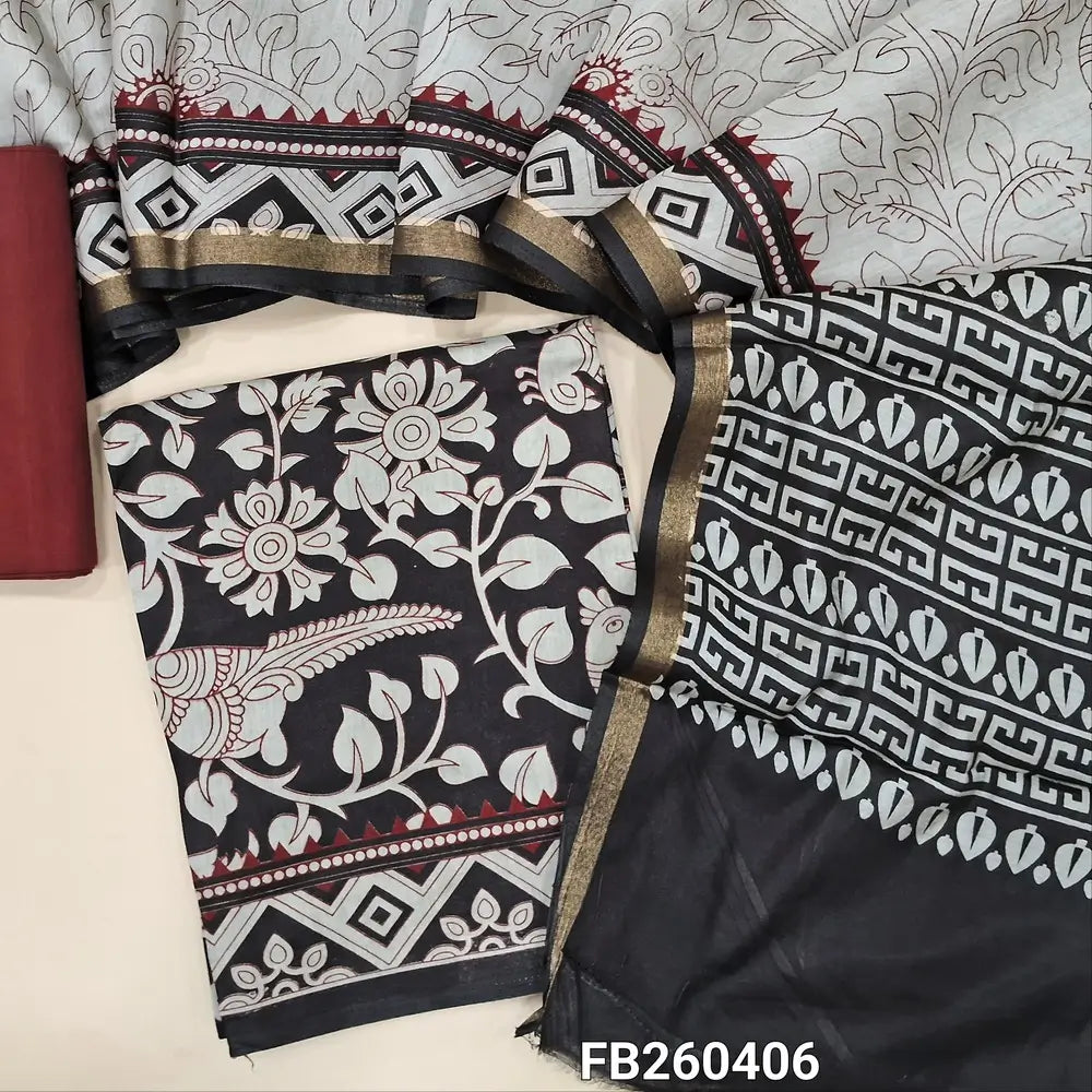 Black kalamkari printed soft fancy silk cotton unstitched salwar material, printed all over (Soft, Lining Needed, Thin) reddish maroon pure cotton bottom, digital printed soft silk cotton full length dupatta (TAPINGS NEEDED). FB260406
