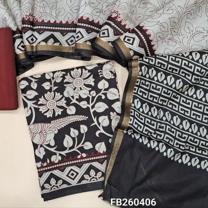 Black kalamkari printed soft fancy silk cotton unstitched salwar material, printed all over (Soft, Lining Needed, Thin) reddish maroon pure cotton bottom, digital printed soft silk cotton full length dupatta (TAPINGS NEEDED). FB260406