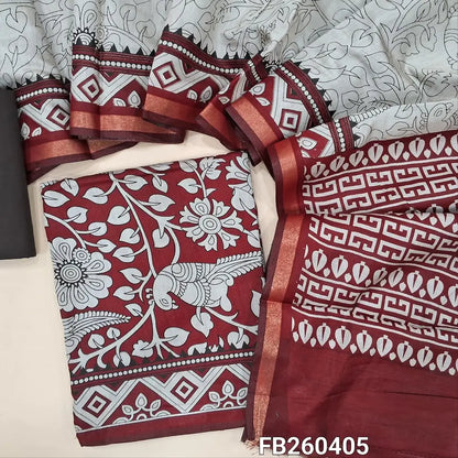 Maroon kalamkari printed soft fancy silk cotton unstitched salwar material, printed all over (Soft, Lining Needed, Thin) dark brown pure cotton bottom, digital printed soft silk cotton full length dupatta (TAPINGS NEEDED). FB260405
