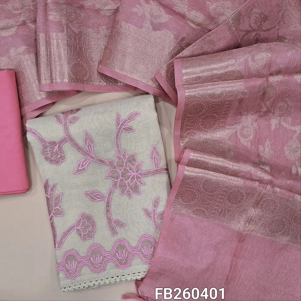 Rich half white with gold tint tissue linen unstitched salwar material,embroidery and rich applique work on front (Lining needed) pastel pink santoon bottom, crinkled silk cotton dupatta with benarasi zari weaving. FB260401