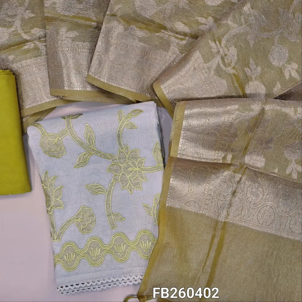 Rich half white with gold tint tissue linen unstitched salwar material,embroidery and rich applique work on front (Lining needed) mehandhi green santoon bottom, crinkled silk cotton dupatta with benarasi zari weaving. FB260402