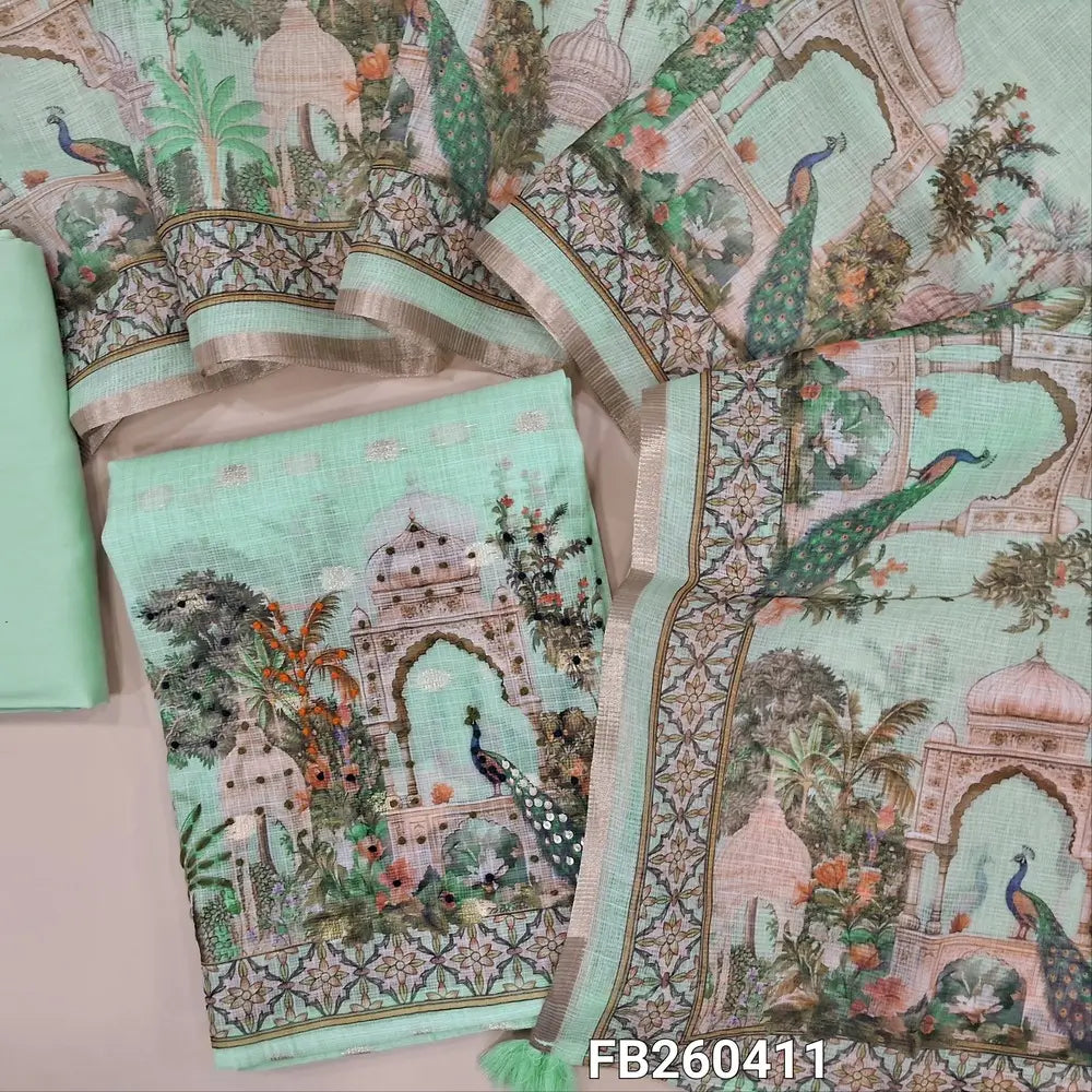 Sea green digital printed premium kota silk cotton unstitched salwar with emrboidery and sequins work, tiny zari buttas all over (Thin, Lining Needed) Matching spun cotton bottom, Premium kota silk cotton printed dupatta. FB260411