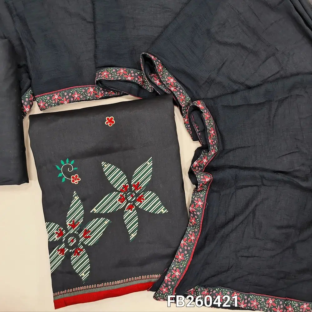 Black satin cotton digital printed unstitched salwar material, prints highlighted with embroidery and sequins work (Lining Optional) spun cotton bottom, plain chiffon dupatta with printed tapings. FB260421