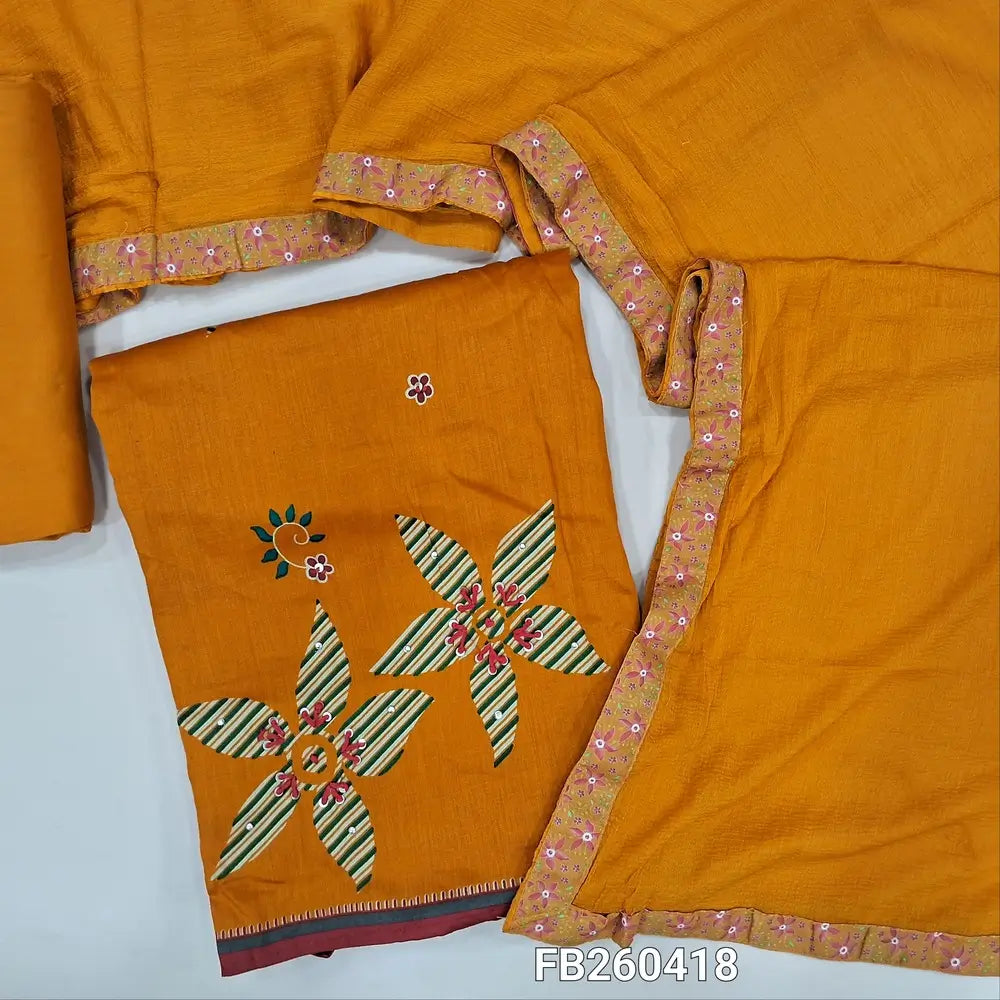 Light orange satin cotton digital printed unstitched salwar material, prints highlighted with embroidery and sequins work (Lining Optional) spun cotton bottom, plain chiffon dupatta with printed tapings. FB260418