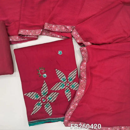 Bright reddish maroon satin cotton digital printed unstitched salwar material, prints highlighted with embroidery and sequins work (Lining Optional) spun cotton bottom, plain chiffon dupatta with printed tapings. FB260420