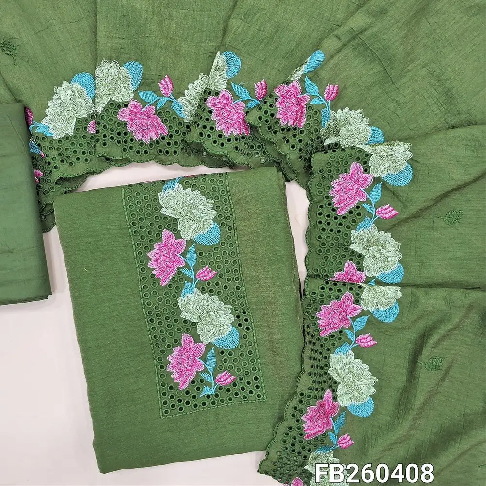 Leafy green crinkled fancy silk unstitched salwar material, cutwork and embroidery on yoke (Shiny, Lining Needed) Matching silky bottom, crinkled fancy silk dupatta with embroidery. FB260408
