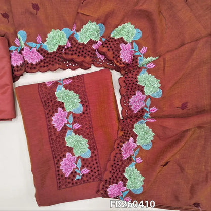 Brick red crinkled fancy silk unstitched salwar material, cutwork and embroidery on yoke (Shiny, Lining Needed) Matching silky bottom, crinkled fancy silk dupatta with embroidery. FB260410