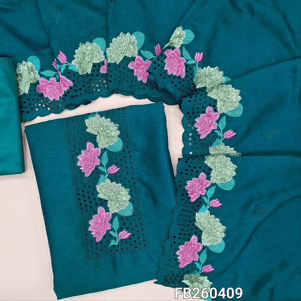 Dark teal blue crinkled fancy silk unstitched salwar material, cutwork and embroidery on yoke (Shiny, Lining Needed) Matching silky bottom, crinkled fancy silk dupatta with embroidery. FB260409