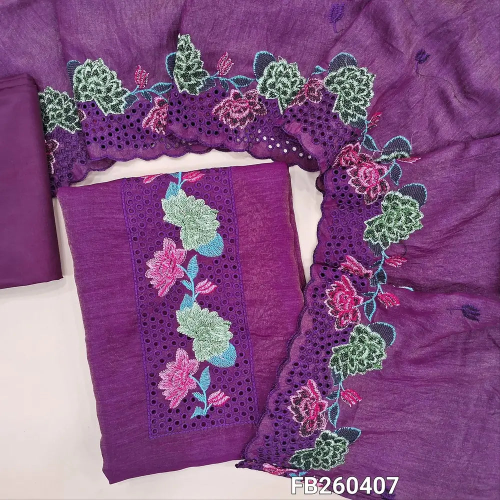 Dark purple crinkled fancy silk unstitched salwar material, cutwork and embroidery on yoke (Shiny, Lining Needed) Matching silky bottom, crinkled fancy silk dupatta with embroidery. FB260407