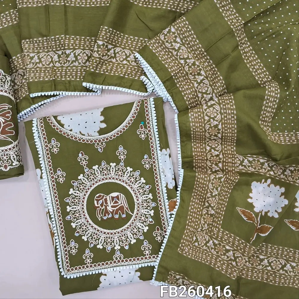 Olive green premium soft cotton digital printed unstitched salwar material, rich embroidery and real mirror work on yoke (Lining Optional) pure cotton embroidered bottom, digital printed pure cotton short width dupatta. FB260416