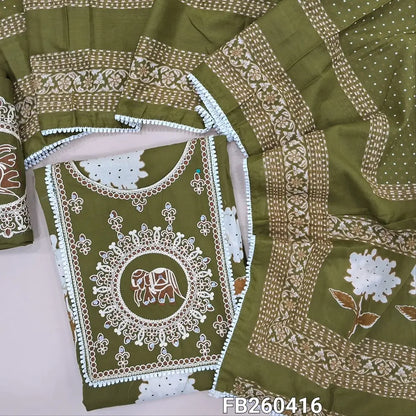 Olive green premium soft cotton digital printed unstitched salwar material, rich embroidery and real mirror work on yoke (Lining Optional) pure cotton embroidered bottom, digital printed pure cotton short width dupatta. FB260416