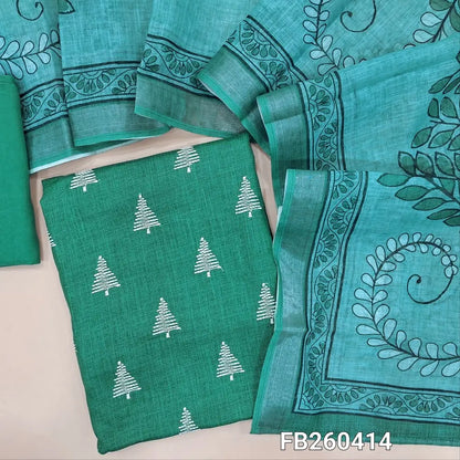 Light turquoise green semi linen unstitched salwar material, embroidery on front (Textured, lining optional) matching santoon bottom, digital printed semi linen dupatta with tissue borders. FB260414