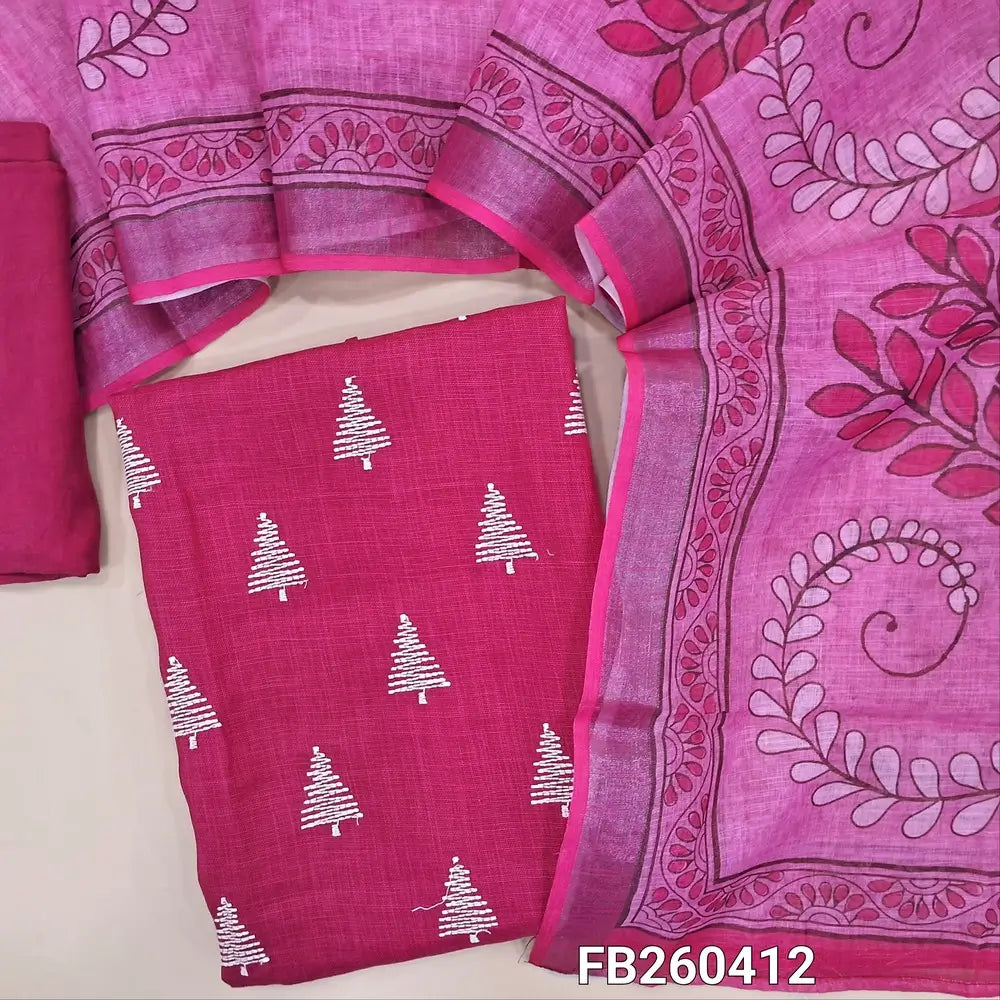 Pink semi linen unstitched salwar material, embroidery on front (Textured, lining optional) matching santoon bottom, digital printed semi linen dupatta with tissue borders. FB260412