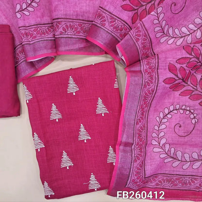 Pink semi linen unstitched salwar material, embroidery on front (Textured, lining optional) matching santoon bottom, digital printed semi linen dupatta with tissue borders. FB260412