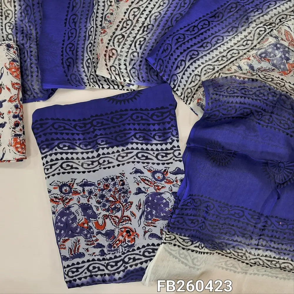 Beige & blue premium Georgette unstitched salwar material (lining needed) hand block printed allover,block printed santoon bottom, hand block printed dual shaded chiffon dupatta (TAPING NEEDED, INCONSISTENT BLOCK PRINTS ARE NOT DEFECTS). FB260423