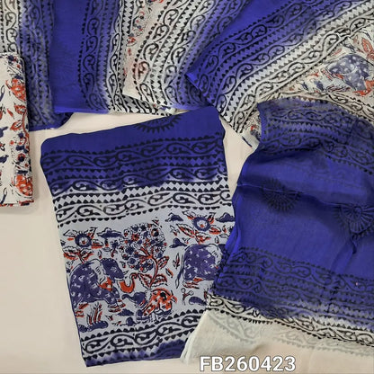 Beige & blue premium Georgette unstitched salwar material (lining needed) hand block printed allover,block printed santoon bottom, hand block printed dual shaded chiffon dupatta (TAPING NEEDED, INCONSISTENT BLOCK PRINTS ARE NOT DEFECTS). FB260423