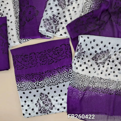 Purple and white premium Georgette unstitched salwar material (lining needed) hand block printed allover,block printed santoon bottom, hand block printed dual shaded chiffon dupatta (TAPING NEEDED, INCONSISTENT BLOCK PRINTS ARE NOT DEFECTS). FB260422