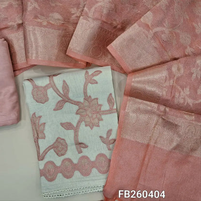 Rich half white with gold tint tissue linen unstitched salwar material,embroidery and rich applique work on front (Lining needed) pastel peach santoon bottom, crinkled silk cotton dupatta with benarasi zari weaving. FB260404