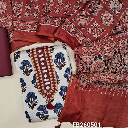 Half white pure gaiji silk unstitched salwar material (HEAVY FABRIC)real mirror on yoke,ajrak hand block prints allover, dark maroon cotton bottom,original ajrak block printed pure gaiji silk dupatta with tassles.(DRY CLEAN NEEDED ) FB260501