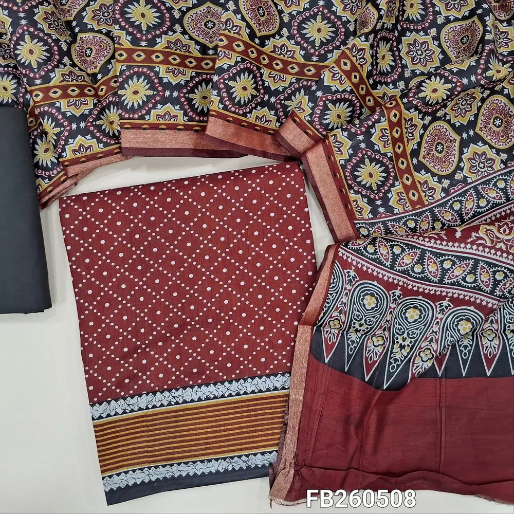 Dark maroon soft silk cotton unstitched salwar material(lining needed)printed all over,contrast printed border, dark brown cotton bottom,ajrak printed full length soft silk cotton with gold tissue borders TAPINGS NEEDED.FB260508