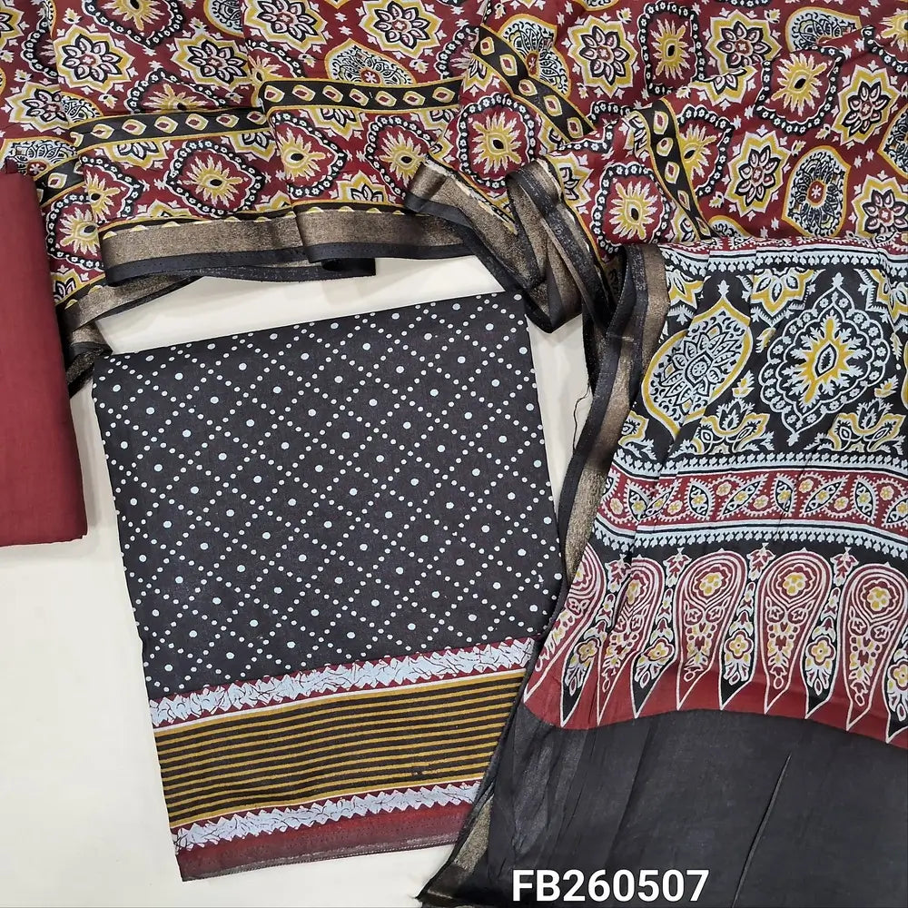 Dark brownish black soft silk cotton unstitched salwar material(lining needed)printed all over,contrast printed border, maroon cotton bottom,ajrak printed full length soft silk cotton with gold tissue borders TAPINGS NEEDED. FB260507