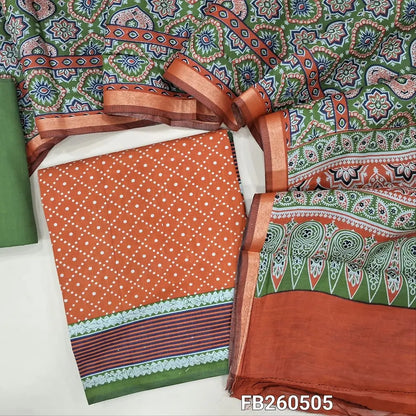 Rust orange soft silk cotton unstitched salwar material(lining needed)printed all over,contrast printed border, green cotton bottom,ajrak printed full length soft silk cotton with gold tissue borders TAPINGS NEEDED. FB260505