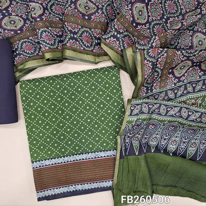 Green soft silk cotton unstitched salwar material(lining needed)printed all over,contrast printed border, dark blue cotton bottom,ajrak printed full length soft silk cotton with gold tissue borders TAPINGS NEEDED. FB260506