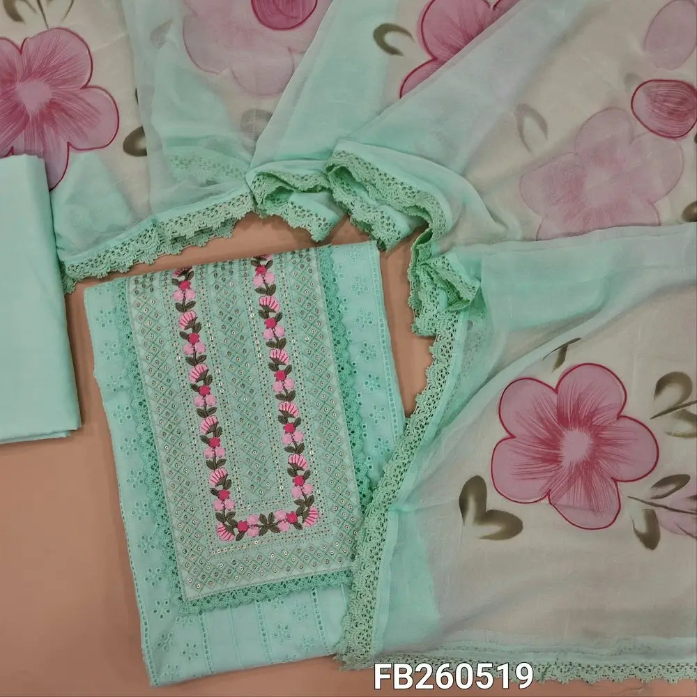 Sea green schiffli embroidered cotton unstitched salwar material, embroidery& sequins work on yoke(lining needed) matching cotton bottom, brush painted fancy chiffon dupatta with lace tapings. FB260519