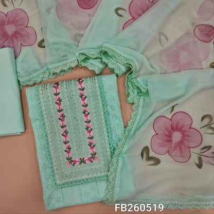 Sea green schiffli embroidered cotton unstitched salwar material, embroidery& sequins work on yoke(lining needed) matching cotton bottom, brush painted fancy chiffon dupatta with lace tapings. FB260519