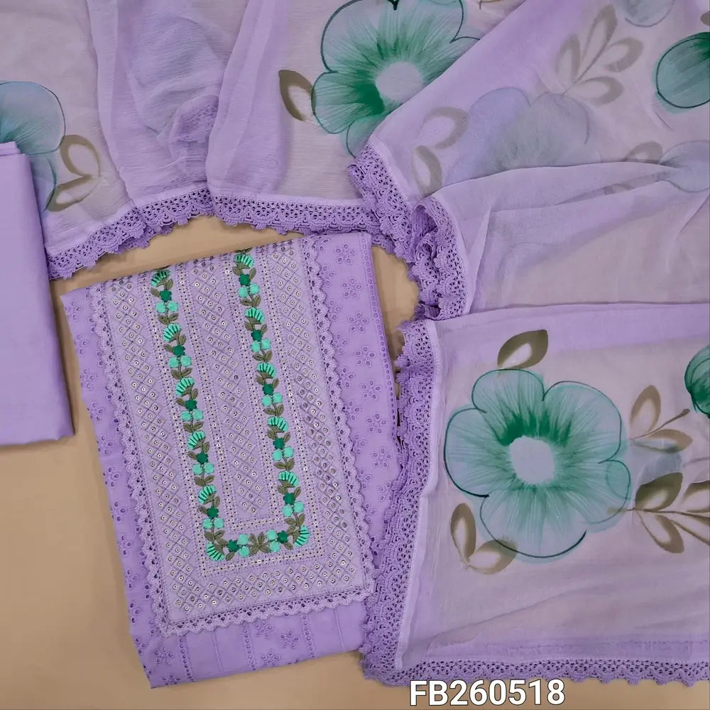 Lavender schiffli embroidered cotton unstitched salwar material, embroidery& sequins work on yoke(lining needed) matching cotton bottom, brush painted fancy chiffon dupatta with lace tapings. FB260518
