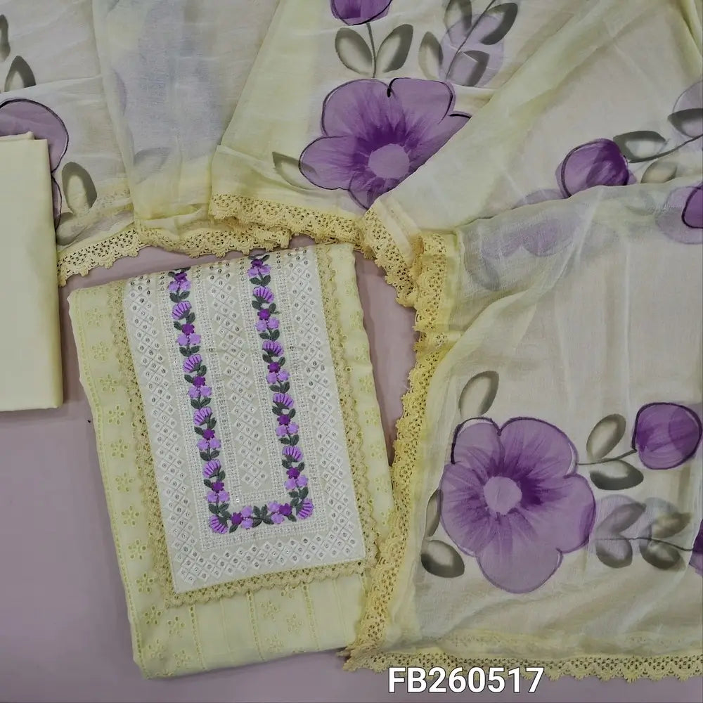 Pastel yellow schiffli embroidered cotton unstitched salwar material, embroidery& sequins work on yoke(lining needed) matching cotton bottom, brush painted fancy chiffon dupatta with lace tapings. FB260517