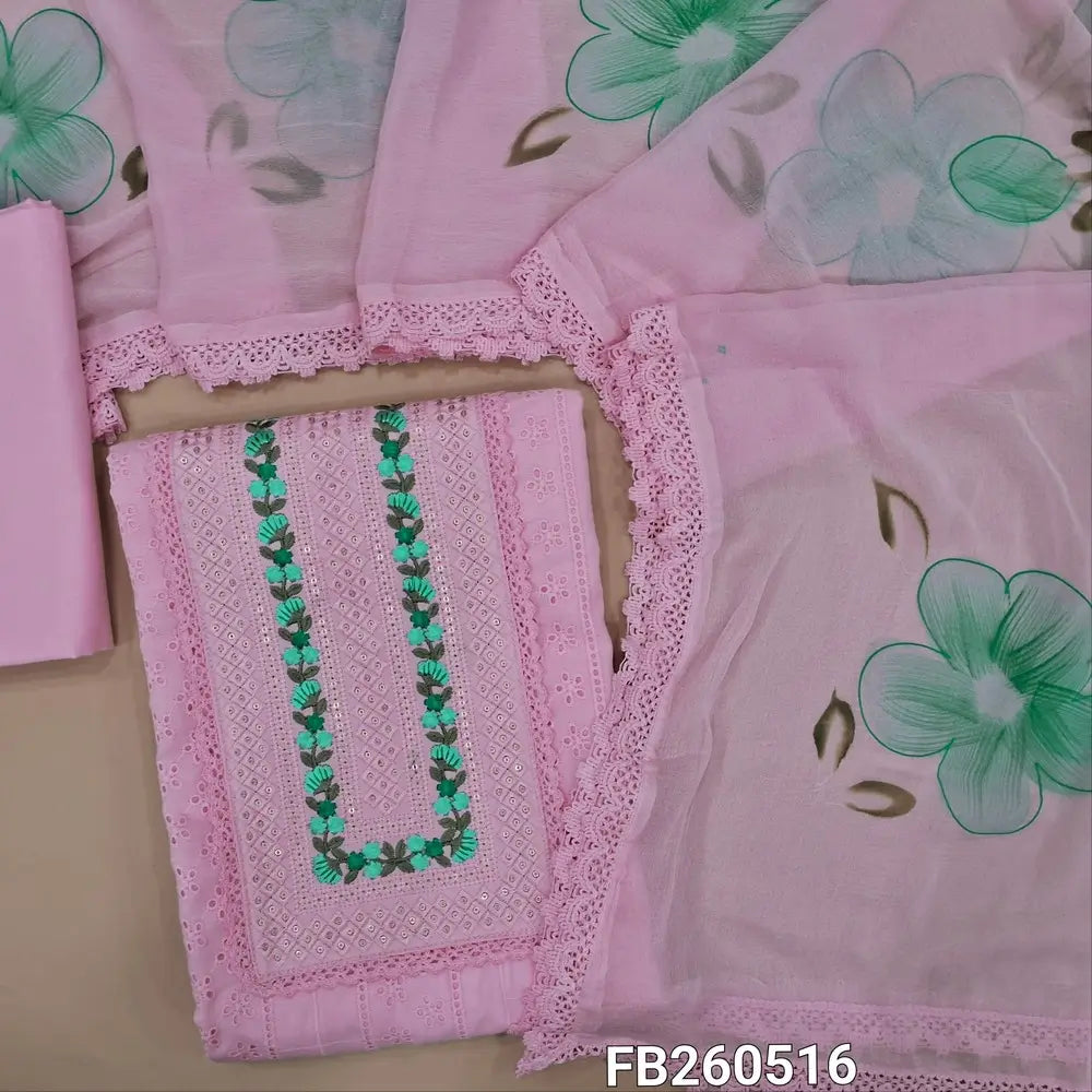 Pastel pink schiffli embroidered cotton unstitched salwar material, embroidery& sequins work on yoke(lining needed) matching cotton bottom, brush painted fancy chiffon dupatta with lace tapings. FB260516