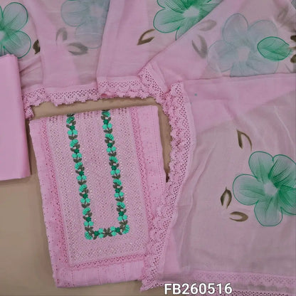 Pastel pink schiffli embroidered cotton unstitched salwar material, embroidery& sequins work on yoke(lining needed) matching cotton bottom, brush painted fancy chiffon dupatta with lace tapings. FB260516