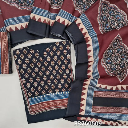 Black premium slub cotton unstitched salwar material (lining optional) round notch neck with ajrak block prints, sequins and hand embroidery on yoke, printed cotton bottom, printed full length mul cotton dupatta.FB260509