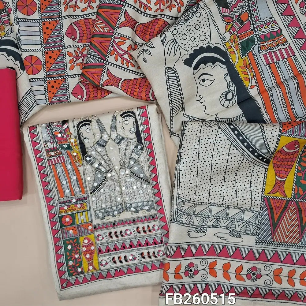 Light Beige premium semi tussar unstitched salwar material(Lining Needed madhubani printed yoke with zari and faux mirror work, self design all over,light pink spun cotton bottom, multicolor madhubani semi tussar dupatta with gold tissue borders. FB260515