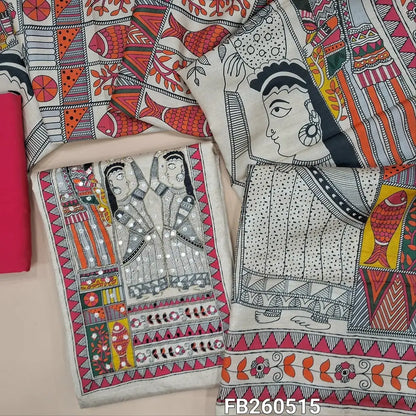 Light Beige premium semi tussar unstitched salwar material(Lining Needed madhubani printed yoke with zari and faux mirror work, self design all over,light pink spun cotton bottom, multicolor madhubani semi tussar dupatta with gold tissue borders. FB260515
