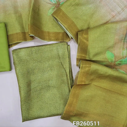 Mossy green fancy kota silk cotton unstitched salwar material,(thin, lining needed)matching silky bottom, floral printed fancy kota silk cotton dupatta with gold tissue lines on pallu. CODE FB260511