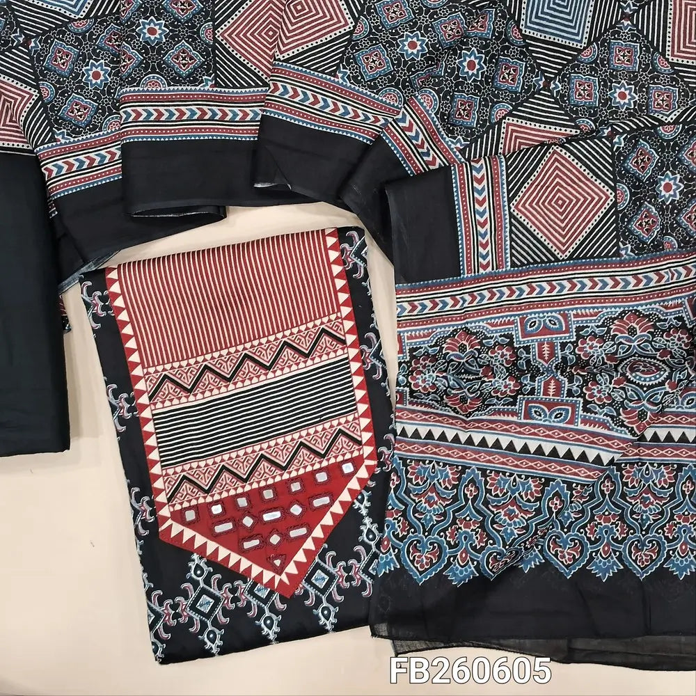 Black printed satin cotton unstitched salwar material, (Lining Optional) printed and real mirror yoke,matching spun cotton bottom, printed full length pure cotton dupatta. FB260605