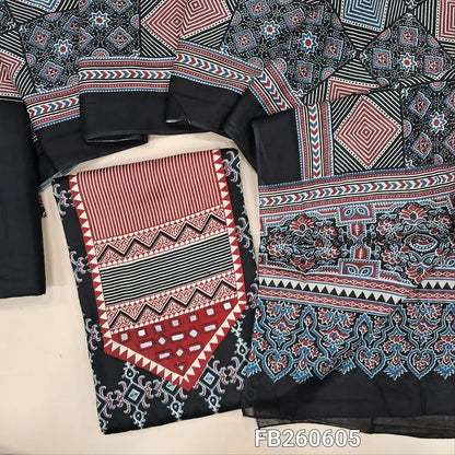 Black printed satin cotton unstitched salwar material, (Lining Optional) printed and real mirror yoke,matching spun cotton bottom, printed full length pure cotton dupatta. FB260605