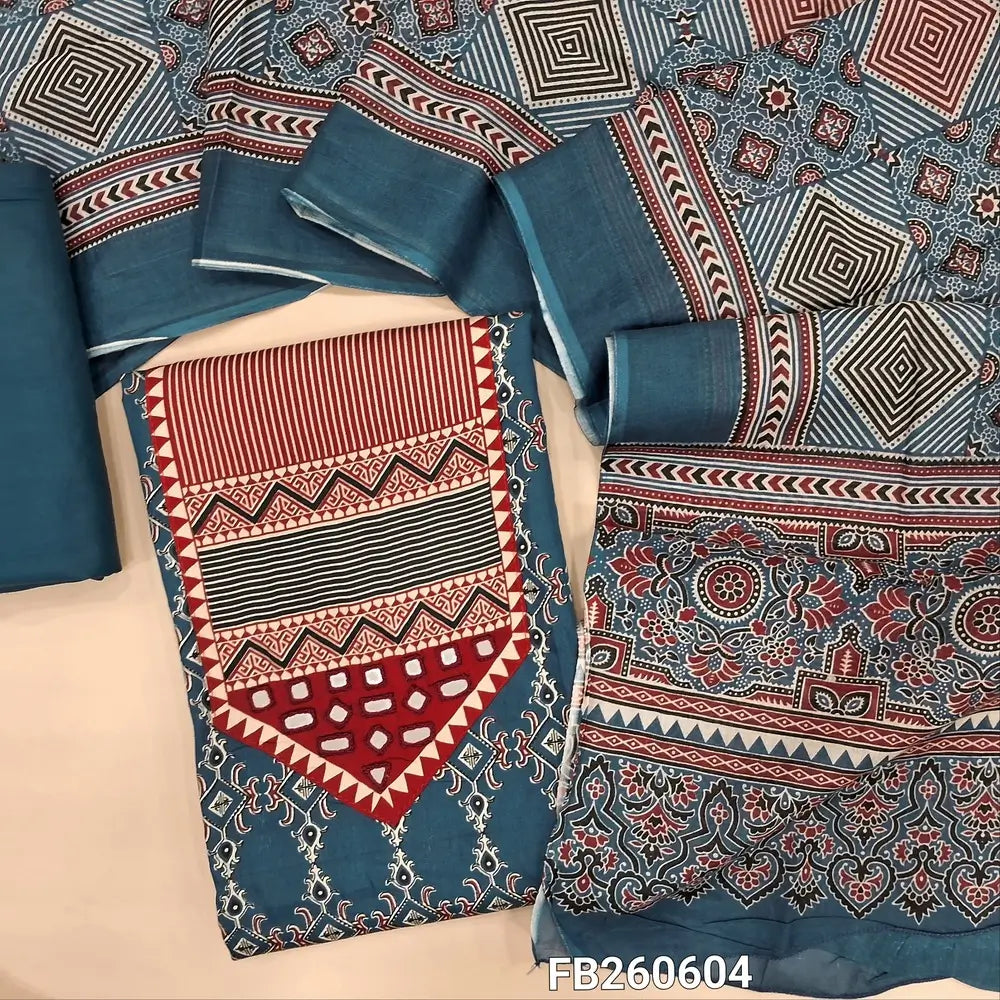 Dark blue printed satin cotton unstitched salwar material, (Lining Optional) printed and real mirror yoke,matching spun cotton bottom, printed full length pure cotton dupatta. FB260604
