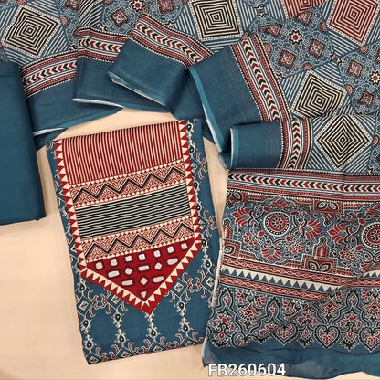 Dark blue printed satin cotton unstitched salwar material, (Lining Optional) printed and real mirror yoke,matching spun cotton bottom, printed full length pure cotton dupatta. FB260604