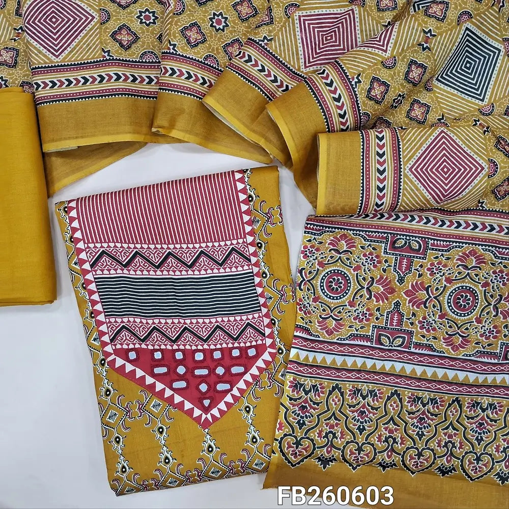 Mehandhi yellow printed satin cotton unstitched salwar material, (Lining Optional) printed and real mirror yoke,matching spun cotton bottom, printed full length pure cotton dupatta. FB260603