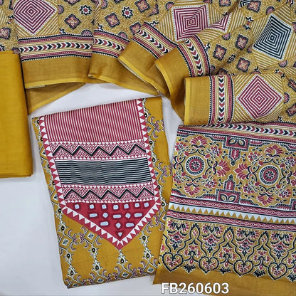 Mehandhi yellow printed satin cotton unstitched salwar material, (Lining Optional) printed and real mirror yoke,matching spun cotton bottom, printed full length pure cotton dupatta. FB260603