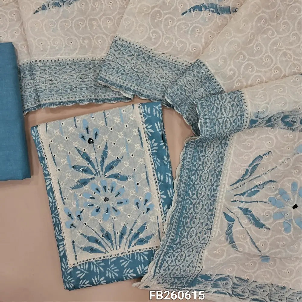 Blueish grey pure cotton unstitched salwar material(lining optional)brush paint work on yoke with thread detailing ,printed all over,matching cotton bottom, self thread embroidery and brush paint work on pure cotton dupatta. FB260615