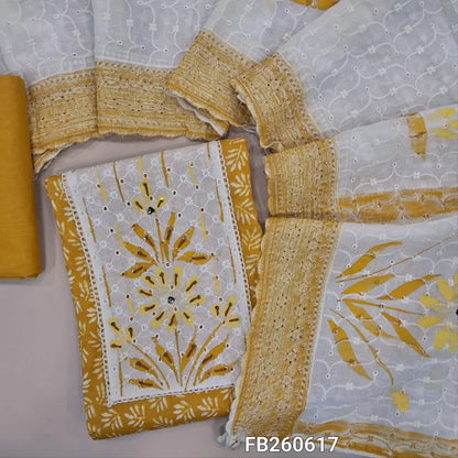 Mehandhi yellow pure cotton unstitched salwar material(lining optional)brush paint work on yoke with thread detailing ,printed all over,matching cotton bottom, self thread embroidery and brush paint work on pure cotton dupatta. FB260617